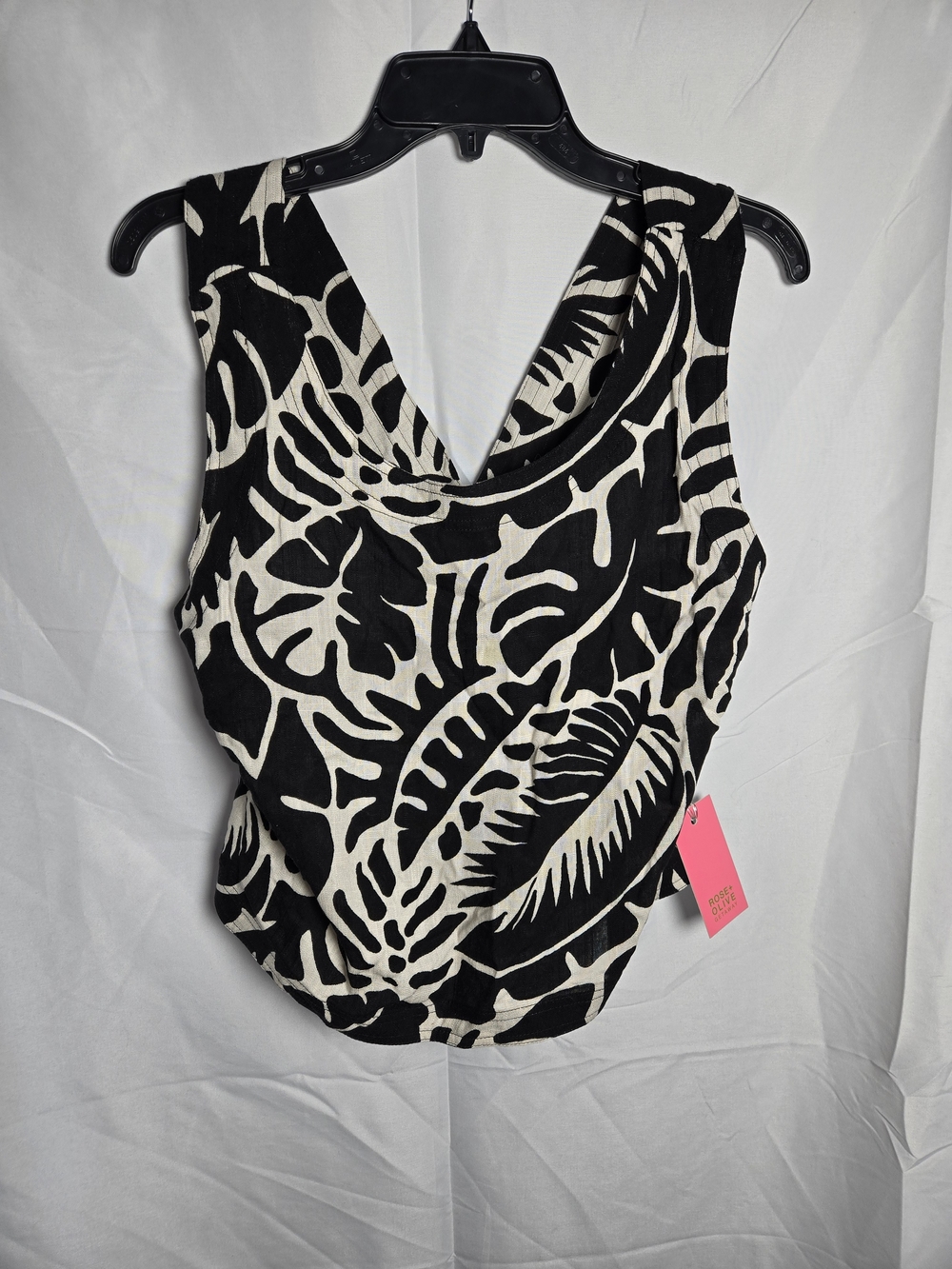 Rose & Olive Black and White Leaf-Print Cowl Neck Camisole